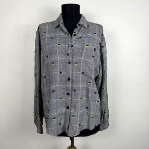 Vintage 80s 90s Button Up Linen Blend Shirt | Embroidered, Textured